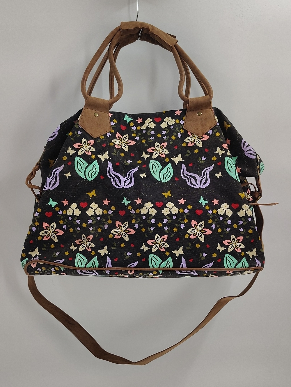 Weekender Canvas Bag Black Butterfly Floral Print Long Strap Double Handles